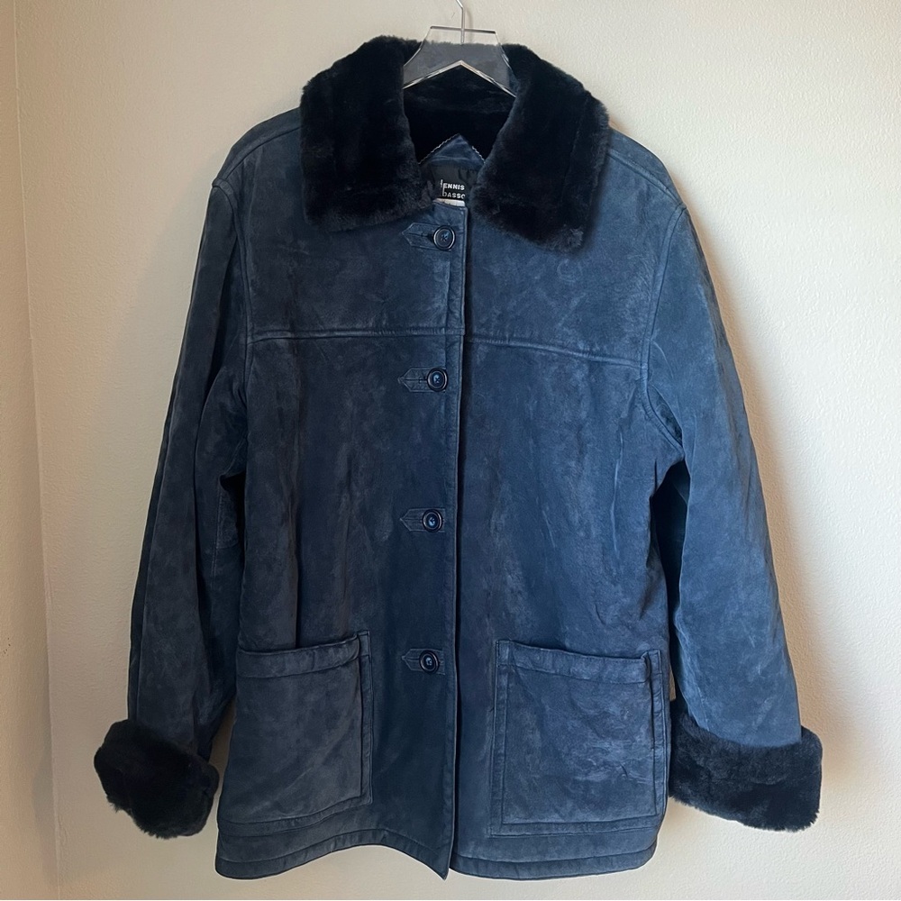 Dennis Basso Blue Leather Jacket with Black Fur Trim